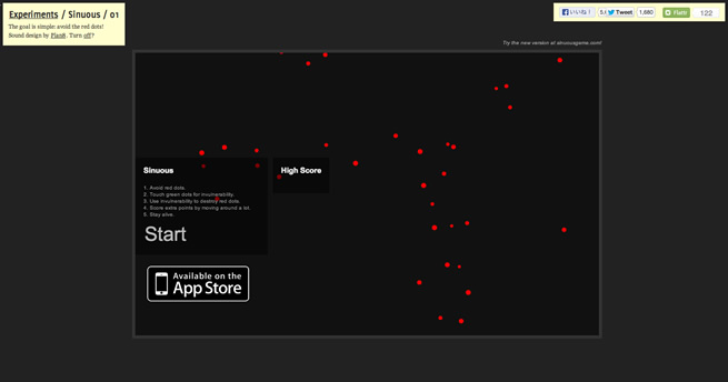 Sinuous - An HTML5 canvas game. Avoid the red dots!
