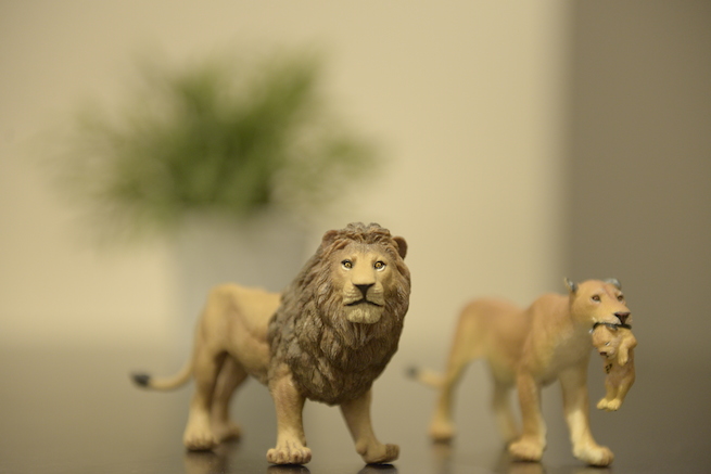 F値を2.8に、焦点距離を長く（ズームよりに）して撮影したライオンの模型の写真