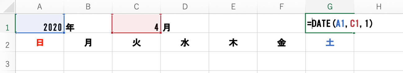 「= date ( A1,C1,１）」と入力したエクセルシート