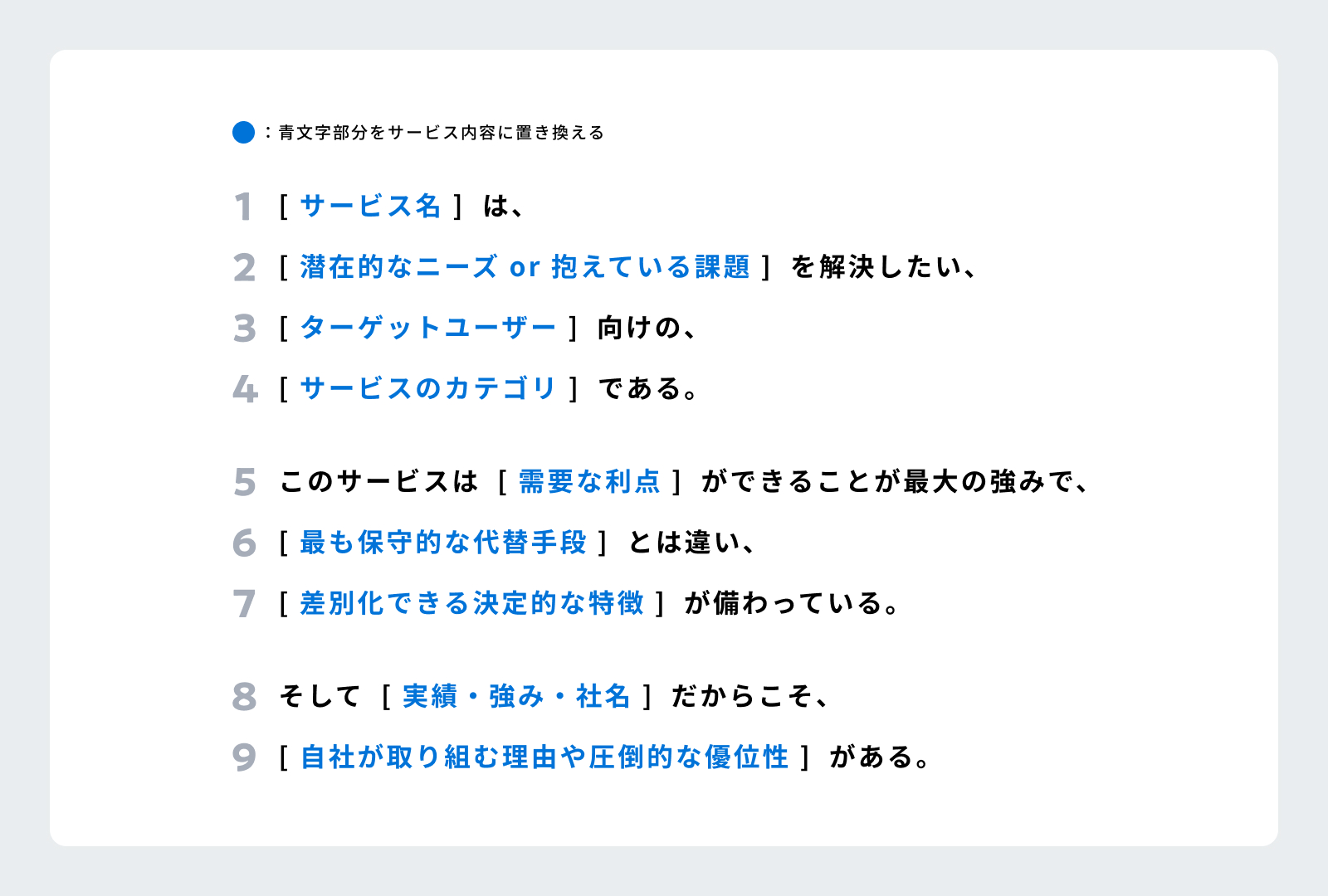 レベーターピッチの9行テンプレート。青字部分がサービス内容に置き換え可能な項目を示す文章フォーマット。