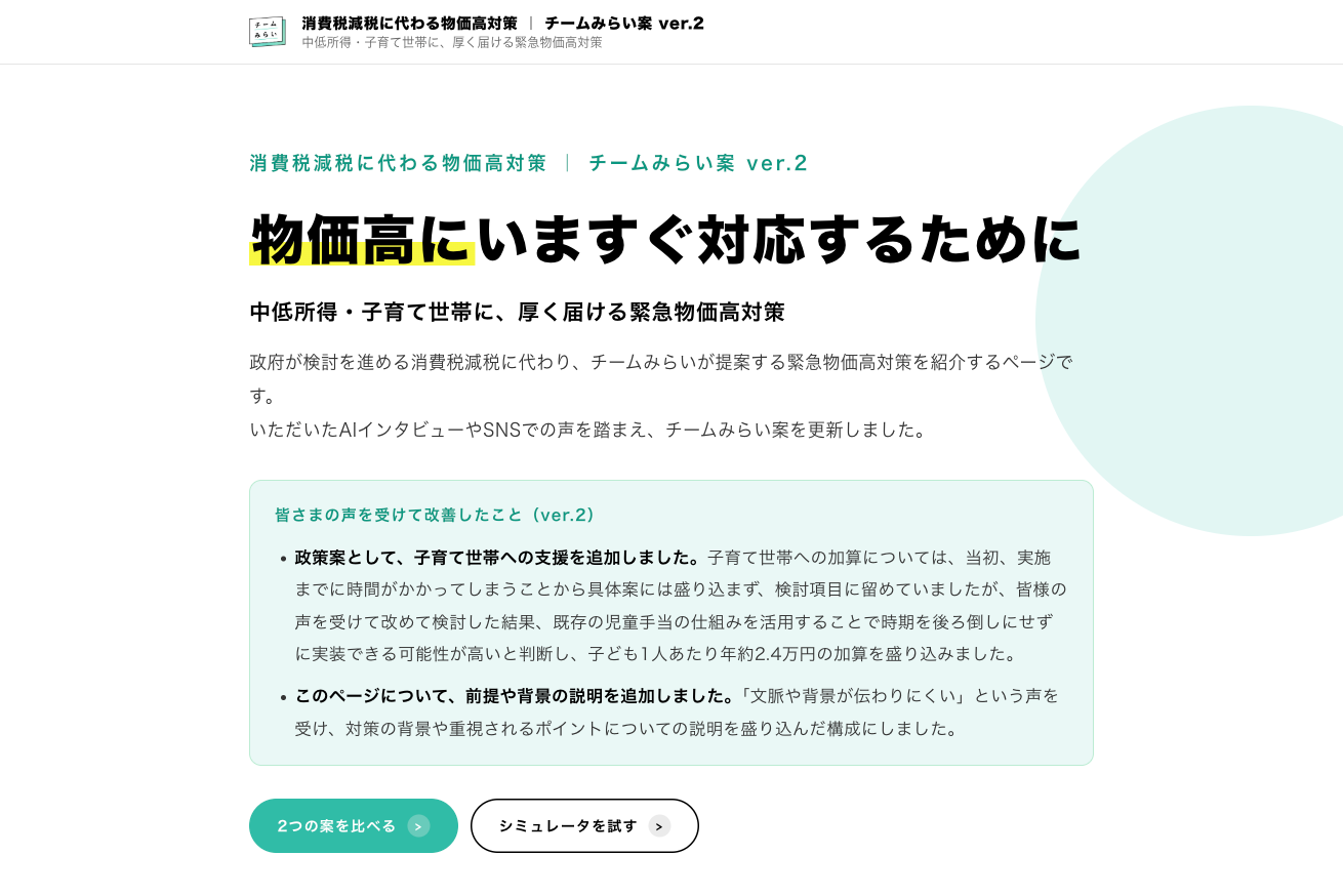 食料品消費税減税案 vs 所得連動型給付案 シミュレーター｜チームみらい