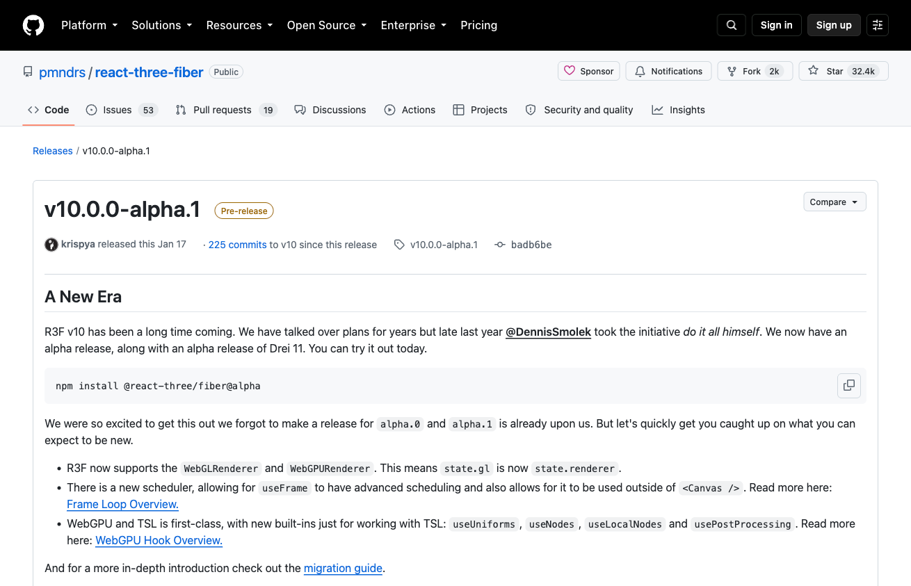 React Three Fiber v10 alpha + Drei v11 alpha — WebGPU対応の宣言的Reactエコシステムが本格進行中